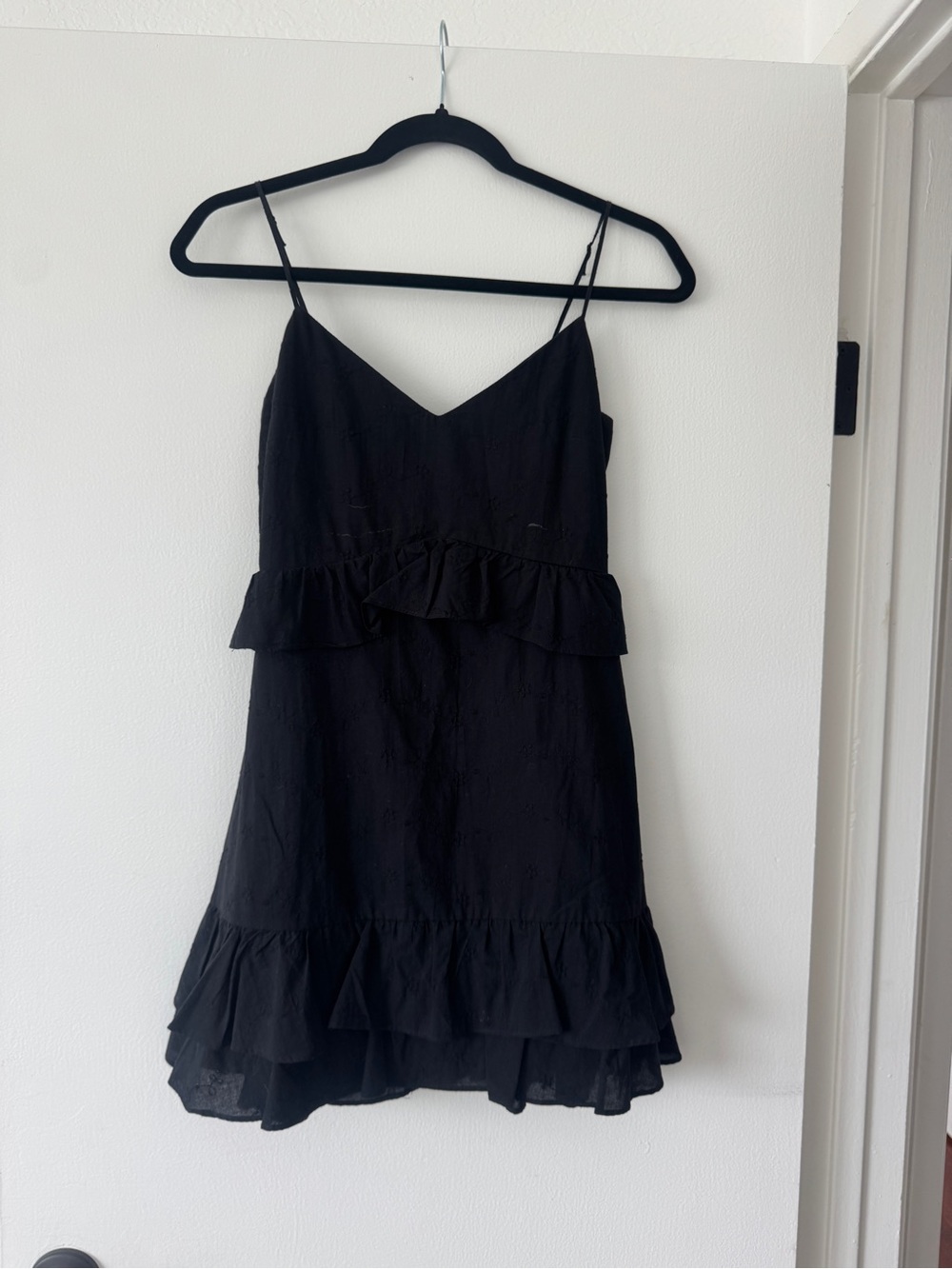 mi ami Black Embroidered Ruffle Mini Dress XS Floral Cotton